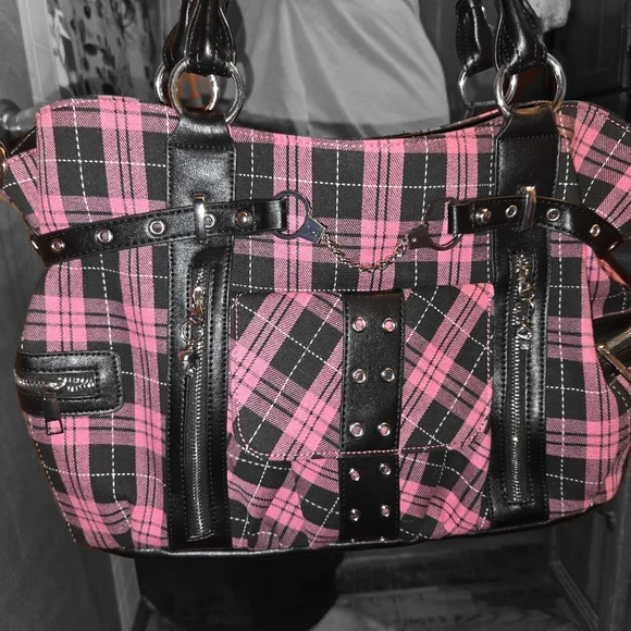 ♡KILLSTAR "Lost Queen" Pink and Black Plaid Women's Purse - Picture 1 of 5
